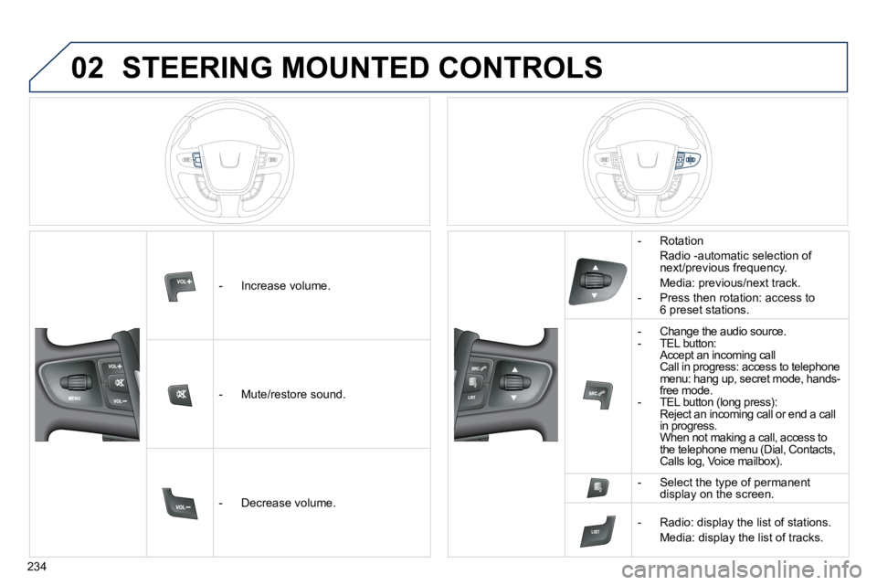 Peugeot 508 2010.5  Owners Manual 234
02 STEERING MOUNTED CONTROLS 
   -   Increase volume.  
� � � �-� �  �M�u�t�e�/�r�e�s�t�o�r�e� �s�o�u�n�d�.� � 
   -   Decrease volume.  
   -   Rotation  
  Radio -automatic selection of �n�e�x�t