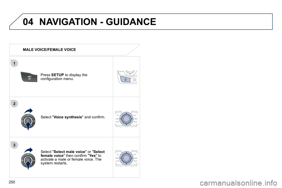 Peugeot 508 2010.5  Owners Manual 250
04
3
1
2
 NAVIGATION - GUIDANCE 
   MALE VOICE/FEMALE VOICE  
  Press  SETUP  to display the �c�o�n�ﬁ� �g�u�r�a�t�i�o�n� �m�e�n�u�.� � 
  Select " Select male voice " or " Select female voice� �
