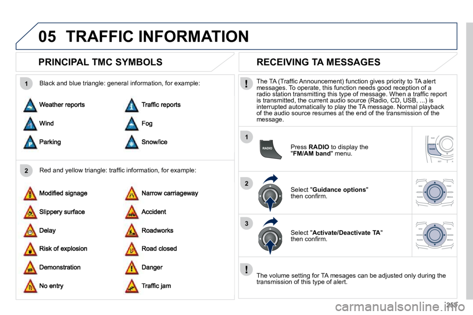 Peugeot 508 2010.5  Owners Manual 253
05
2
1
1
2
3
 TRAFFIC INFORMATION 
       PRINCIPAL TMC SYMBOLS 
� � �R�e�d� �a�n�d� �y�e�l�l�o�w� �t�r�i�a�n�g�l�e�:� �t�r�a�f�ﬁ� �c� �i�n�f�o�r�m�a�t�i�o�n�,� �f�o�r� �e�x�a�m�p�l�e�:
� 
� � �