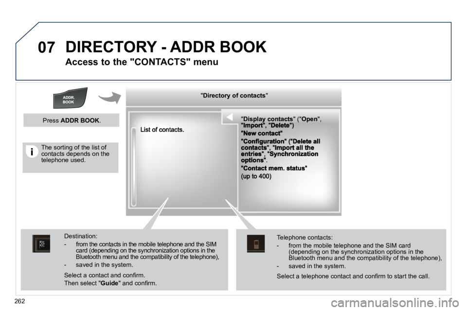 Peugeot 508 2010.5  Owners Manual 262
07 DIRECTORY - ADDR BOOK 
  Access to the "CONTACTS" menu 
  "   "   "   "   "   "   "   "   "   "   "   "   "   "   "   "   "   "   " Directory of contactsDirectory of contactsDirectory of contac