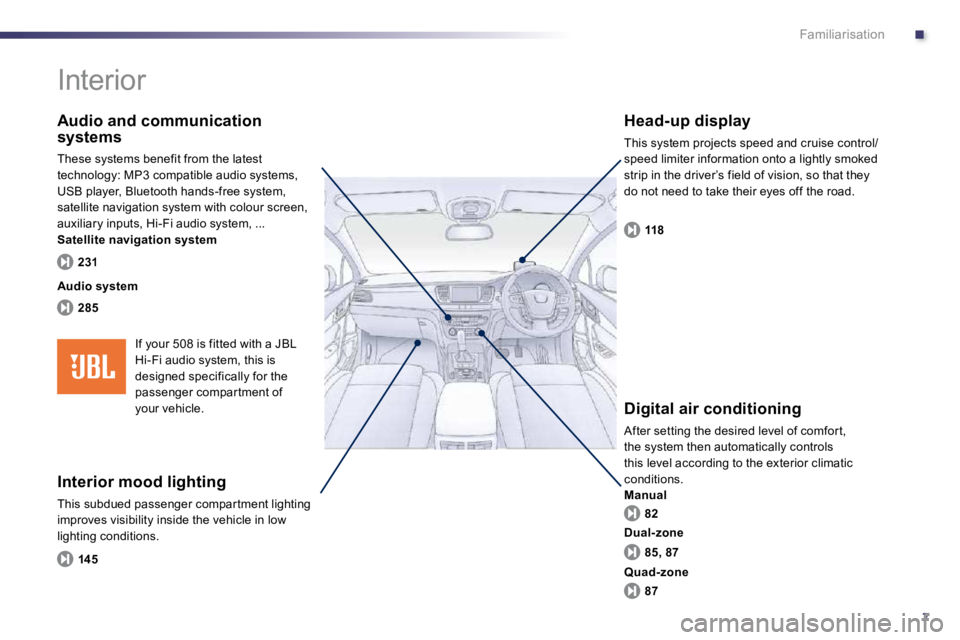 Peugeot 508 2010.5  Owners Manual .
7
Familiarisation
 Interior  
  Interior mood lighting 
 This subdued passenger compar tment lighting improves visibility inside the vehicle in low lighting conditions. 
  Head-up display 
 This sys