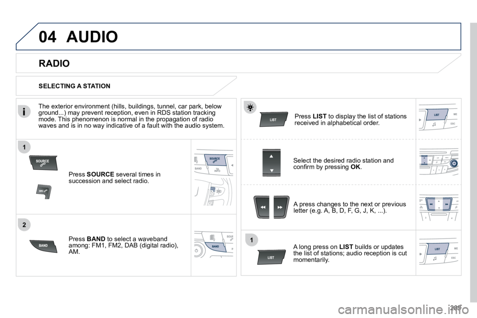 Peugeot 508 2010.5  Owners Manual 289
1
2
1
04
 AUDIO 
  Press  SOURCE  several times in succession and select radio.  
  Press  BAND  to select a waveband �a�m�o�n�g�:� �F�M�1�,� �F�M�2�,� �D�A�B� �(�d�i�g�i�t�a�l� �r�a�d�i�o�)�,� �A
