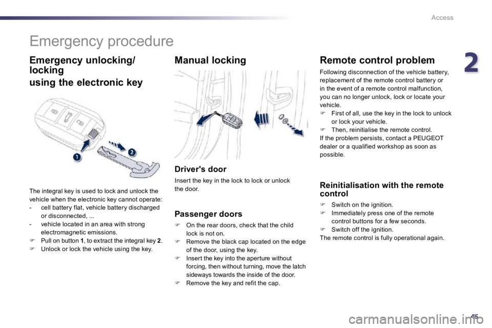 Peugeot 508 2010.5 Workshop Manual 245
Access
      Emergency procedure 
  Emergency unlocking/
locking  
using the electronic key 
 The integral key is used to lock and unlock the vehicle when the electronic key cannot operate:    -  