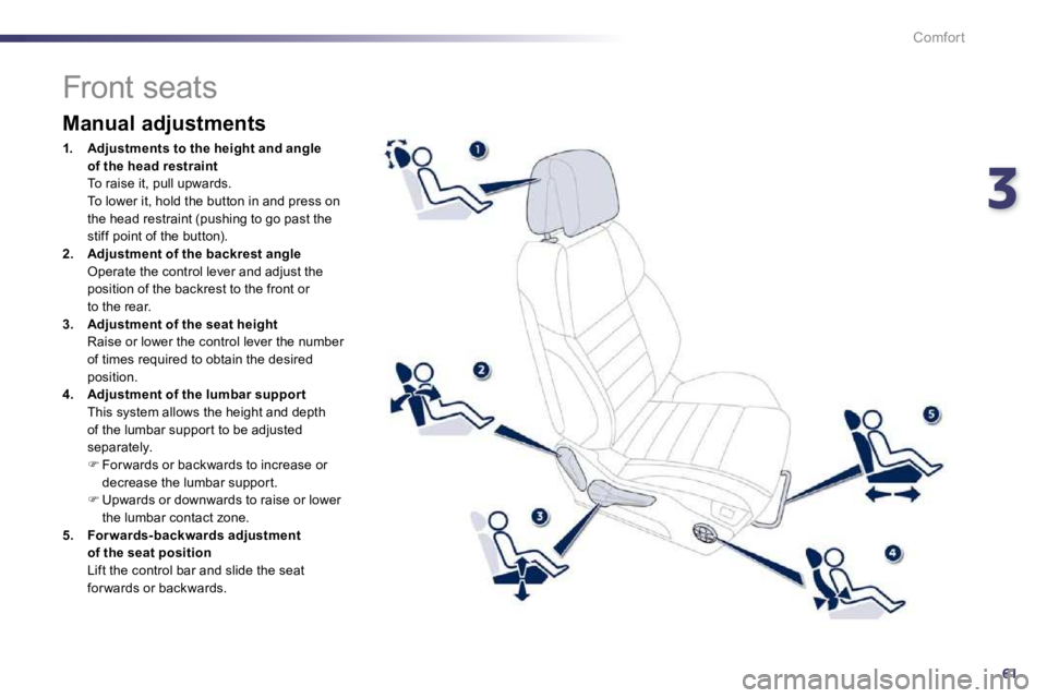 Peugeot 508 2010.5 Repair Manual 361
Comfort
                  Front seats 
  Manual adjustments 
1.    Adjustments to the height and angle of the head restraint   To raise it, pull upwards.    To lower it, hold the button in and pre