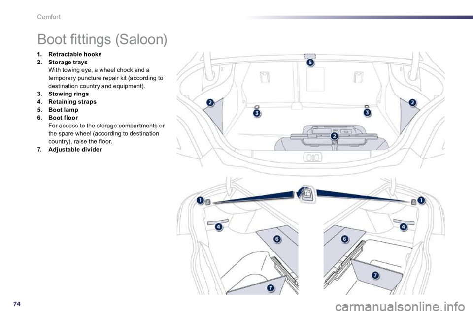 Peugeot 508 2010.5 Manual Online 74
Comfort 
                  
�B�o�o�t� �ﬁ� �t�t�i�n�g�s� �(�S�a�l�o�o�n�)� 
    Retractable hooks2.    Storage trays  With towing eye, a wheel chock and a temporary puncture repair kit (according 