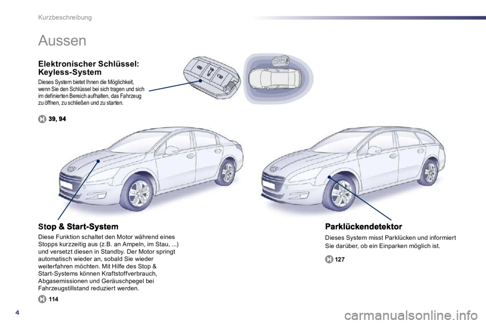 Peugeot 508 2010.5  Betriebsanleitung (in German) 4
Kurzbeschreibung
  Elektronischer Schlüssel: Keyless-System 
 Dieses System bietet Ihnen die Möglichkeit, wenn Sie den Schlüssel bei sich tragen und sich im definierten Bereich aufhalten, das Fah