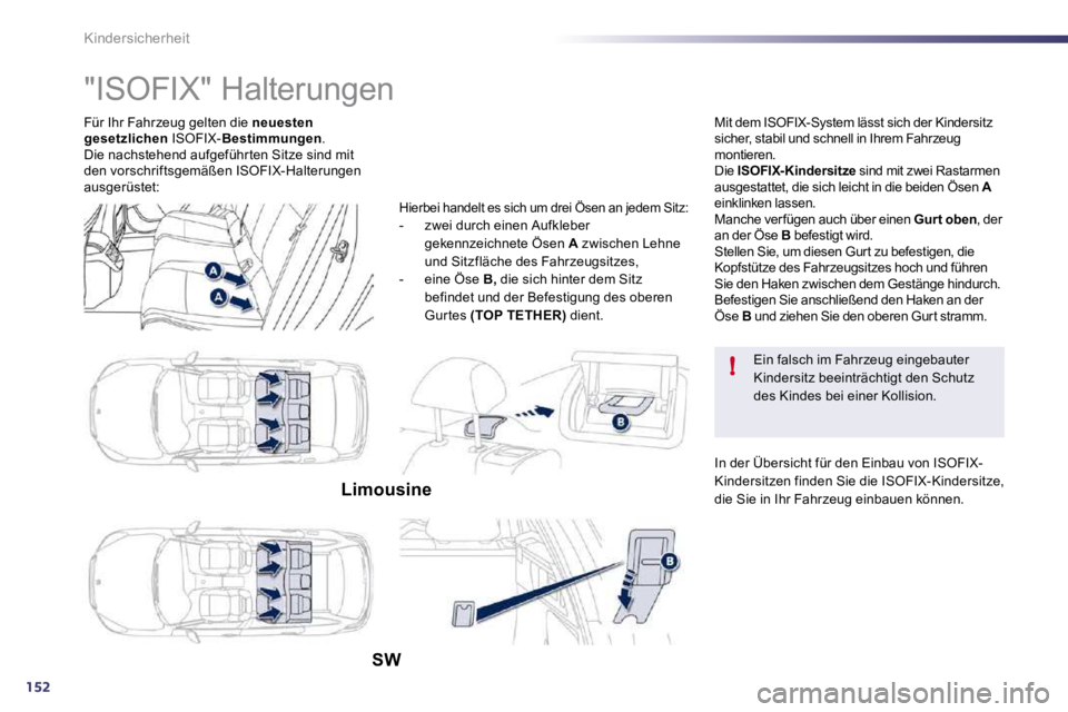 Peugeot 508 2010.5 Betriebsanleitung (in German) 152
!
Kindersicherheit
Für Ihr Fahrzeug gelten die neuesten gesetzlichen ISOFIX- Bestimmungen . Die nachstehend aufgeführ ten Sitze sind mit den vorschriftsgemäßen ISOFIX-Halterungen ausgerüst Peugeot 508 2010.5 Betriebsanleitung (in German) 152
!
Kindersicherheit
Für Ihr Fahrzeug gelten die neuesten gesetzlichen ISOFIX- Bestimmungen . Die nachstehend aufgeführ ten Sitze sind mit den vorschriftsgemäßen ISOFIX-Halterungen ausgerüst