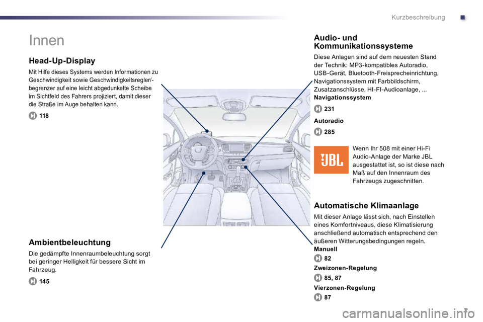 Peugeot 508 2010.5  Betriebsanleitung (in German) .
7
Kurzbeschreibung
 Innen  
  Ambientbeleuchtung 
 Die gedämpfte Innenraumbeleuchtung sorgt bei geringer Helligkeit für bessere Sicht im Fahrzeug. 
  Head-Up-Display 
 Mit Hilfe dieses Systems wer