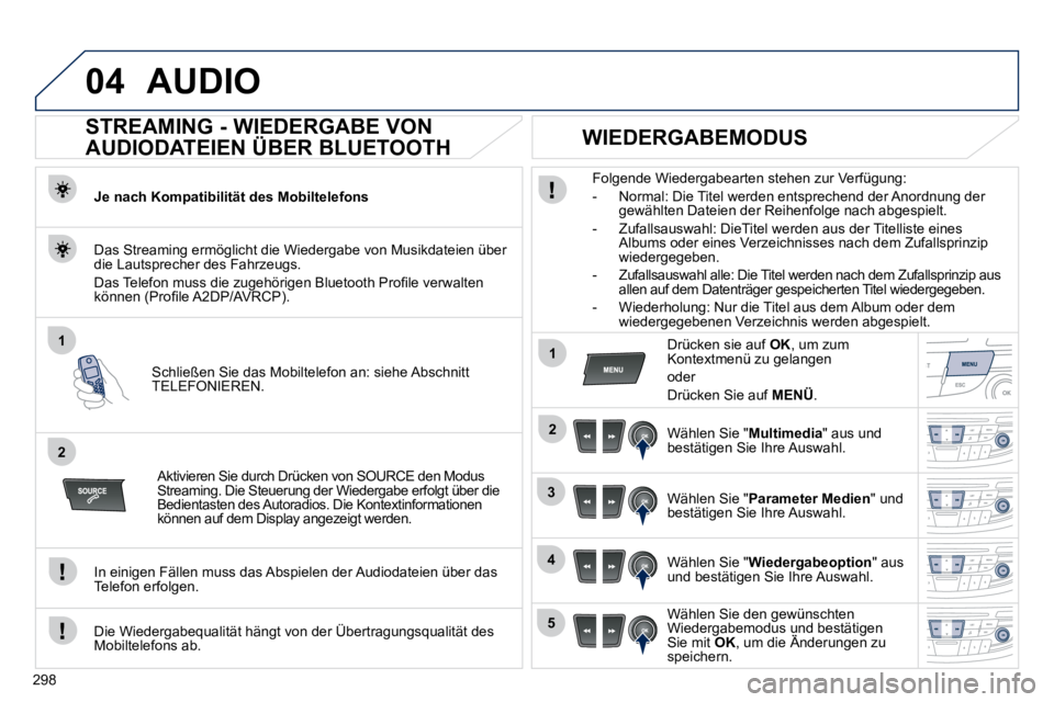 Peugeot 508 2010.5  Betriebsanleitung (in German) 298
04
1
2
1
2
3
4
5
 AUDIO 
       STREAMING - WIEDERGABE VON  
AUDIODATEIEN ÜBER BLUETOOTH 
  Je nach Kompatibilität des Mobiltelefons  
  Schließen Sie das Mobiltelefon an: siehe Abschnitt TELEF