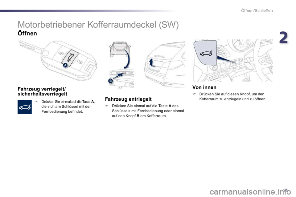 Peugeot 508 2010.5  Betriebsanleitung (in German) 253
Öffnen/Schließen
 Motorbetriebener Kofferraumdeckel (SW) 
  Öffnen 
  Fahrzeug verriegelt/sicherheitsverriegelt 
�Drücken Sie einmal auf die Taste  A ,die sich am Schlüssel mit der Fernbed