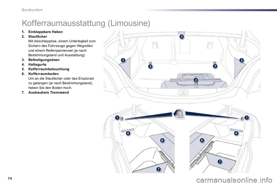 Peugeot 508 2010.5  Betriebsanleitung (in German) 74
Bordkomfort 
                 Kofferraumausstattung (Limousine) 
    EinklappbareHaken2.    Staufächer  Mit Abschleppöse, einem Unterlegkeil zum Sichern des Fahrzeugs gegen Wegrollen und einem Re