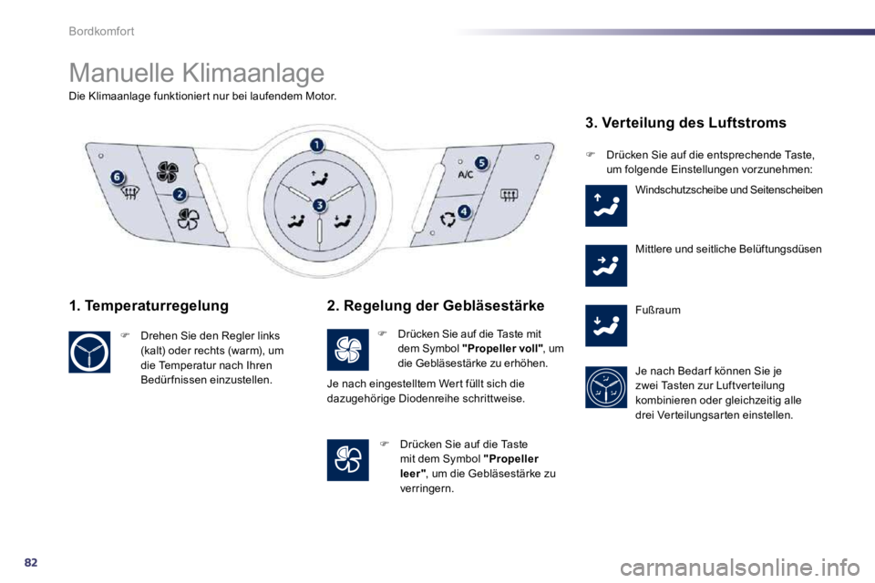 Peugeot 508 2010.5  Betriebsanleitung (in German) 82
Bordkomfort 
 Manuelle Klimaanlage 
Die Klimaanlage funktionier t nur bei laufendem Motor.  
  1. Temperaturregelung 
�   Drehen Sie den Regler links (kalt) oder rechts (warm), um die Temperatur