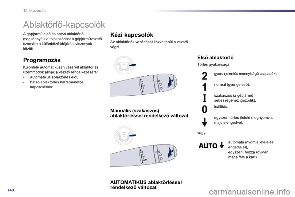 Peugeot 508 2010.5  Kezelési útmutató (in Hungarian) 140
Tájékozódás 
� � � � � � � �A�b�l�a�k�t�ö�r�l5�-�k�a�p�c�s�o�l�ó�k� 
� � �P�r�o�g�r�a�m�o�z�á�s� 
� �K�ü�l�ö�n�f�é�l�e� �a�u�t�o�m�a�t�i�k�u�s�a�n� �v�e�z�é�r�e�l�t� �a�b�l�a�k�t�ö�r�