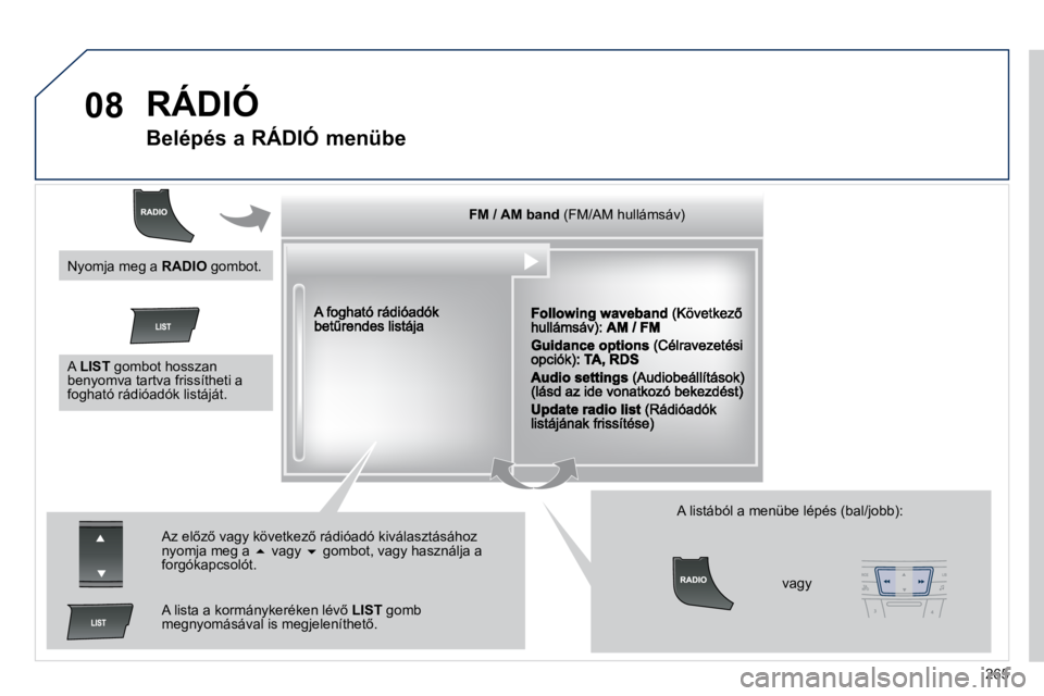 Peugeot 508 2010.5  Kezelési útmutató (in Hungarian) �2�6�5
08 RÁDIÓ 
       
�B�e�l�é�p�é�s� �a� �R�Á�D�I�Ó� �m�e�n�ü�b�e� 
�F�M� �/� �A�M� �b�a�n�d�F�M� �/� �A�M� �b�a�n�d�F�M� �/� �A�M� �b�a�n�d�F�M� �/� �A�M� �b�a�n�d�F�M� �/� �A�M� �b�a�n�d�