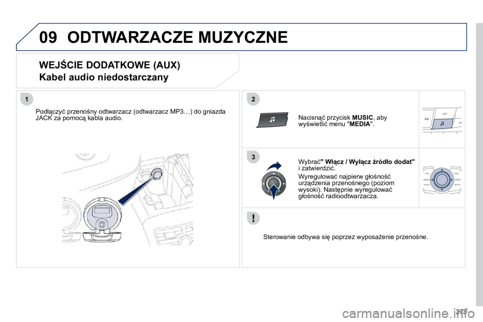 Peugeot 508 2010.5  Instrukcja Obsługi (in Polish) 273
09
12
3
 ODTWARZACZE MUZYCZNE 
� � �W�E�J:�C�I�E� �D�O�D�A�T�K�O�W�E� �(�A�U�X�)� �  
�K�a�b�e�l� �a�u�d�i�o� �n�i�e�d�o�s�t�a�r�c�z�a�n�y� 
� � �P�o�d�ł"�c�z�y�ć� �p�r�z�e�n�o;�n�y� �o�d