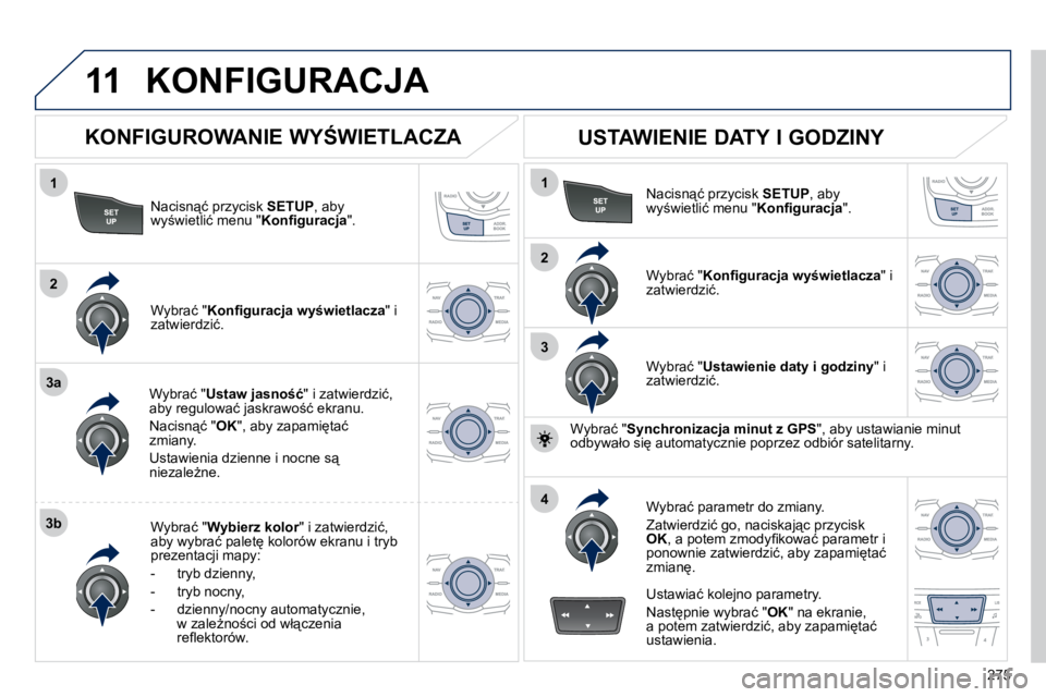 Peugeot 508 2010.5  Instrukcja Obsługi (in Polish) �2�7�5
11
1
2
3a
3b
1
2
3
4
 KONFIGURACJA 
� � �N�a�c�i�s�n"�ć� �p�r�z�y�c�i�s�k� � SETUP� �,� �a�b�y� �w�y;�w�i�e�t�l�i�ć� �m�e�n�u� �"� �K�o�n�ﬁ� �g�u�r�a�c�j�a� �"�.� � 
� � �W�y�