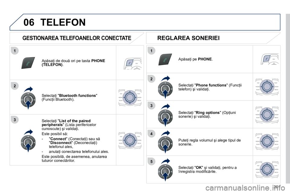 Peugeot 508 2010.5  Manualul de utilizare (in Romanian) �2�6�1
1
2
3
1
2
3
4
5
06
� � �A�p �s�a=�i� �d�e� �d�o�u � �o�r�i� �p�e� �t�a�s�t�a� � �P�H�O�N�E� �(�T�E�L�E�F�O�N�)� �.� � 
� � �S�e�l�e�c�t�a=�i� �"� �L�i�s�t� �o�f� �t�h�e� �p�a�i�r�e�d� �