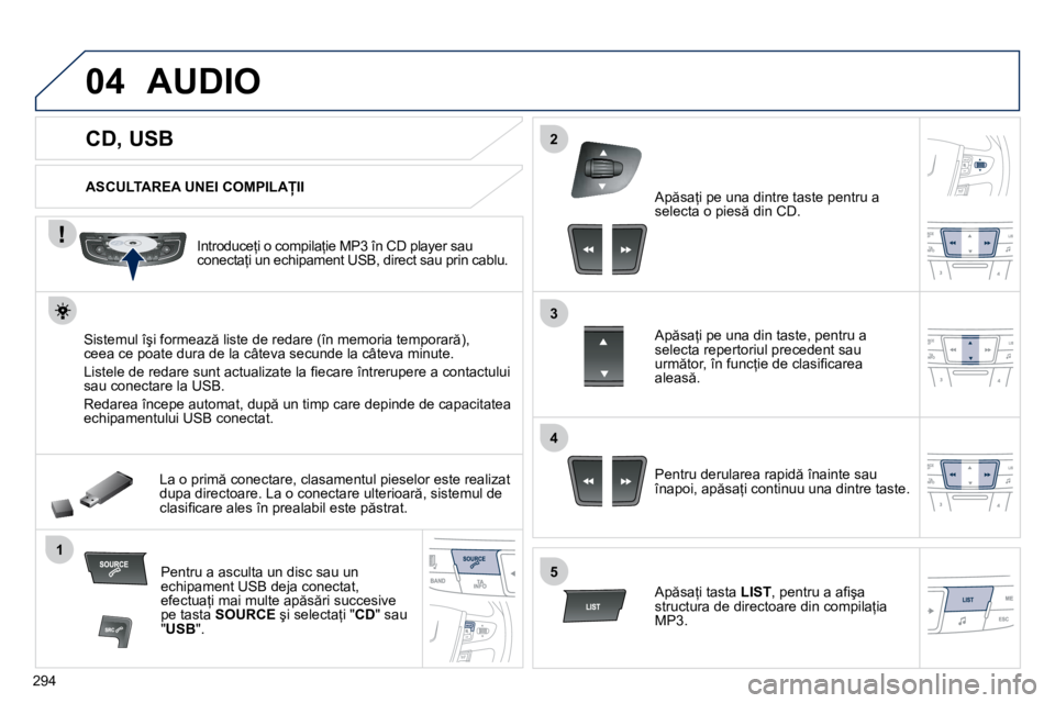 Peugeot 508 2010.5  Manualul de utilizare (in Romanian) 294
04
1
3
2
4
5
             CD, USB 
 AUDIO 
� � �A�S�C�U�L�T�A�R�E�A� �U�N�E�I� �C�O�M�P�I�L�A�I�I� � 
� � �I�n�t�r�o�d�u�c�e=�i� �o� �c�o�m�p�i�l�a=�i�e� �M�P�3� �î�n� �C�D� �p�l�a�y�e�r� �s�