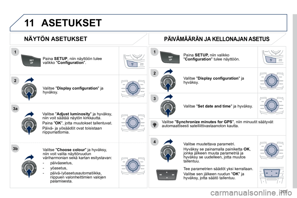 Peugeot 508 2010.5  Omistajan käsikirja (in Finnish) 275
11
1
2
3a
3b
1
2
3
4
 ASETUKSET 
  Paina  SETUP , niin näyttöön tulee valikko " �C�o�n�ﬁ� �g�u�r�a�t�i�o�n ".  
  Valitse " Adjust luminosity " ja hyväksy, niin voit säätää näytön kirk