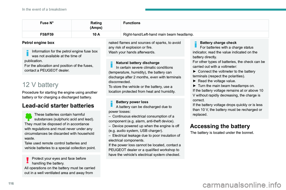 Peugeot Landtrek 2021  Owners Manual 11 6
In the event of a breakdown
Fuse N°Rating
(Amps) Functions
F58/F59 10 ARight-hand/Left-hand main beam headlamp.
Petrol engine box
Information for the petrol engine fuse box 
was not available at