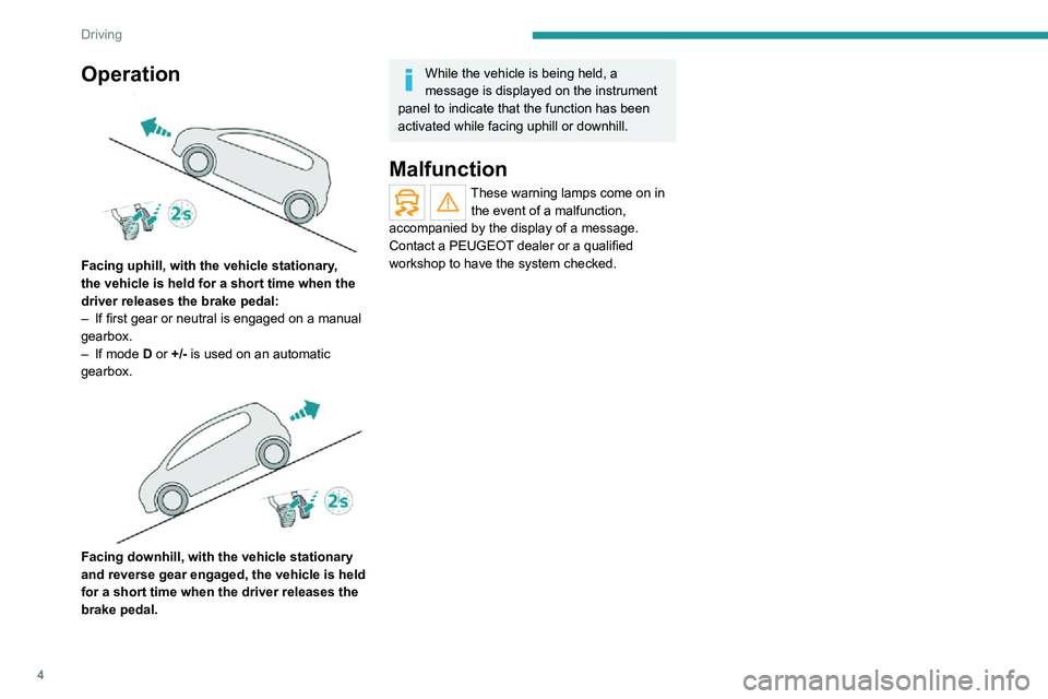 Peugeot Landtrek 2021 Service Manual 4
Driving
Operation 
 
Facing uphill, with the vehicle stationary, 
the vehicle is held for a short time when the 
driver releases the brake pedal:
– If first gear or neutral is engaged on a manual 