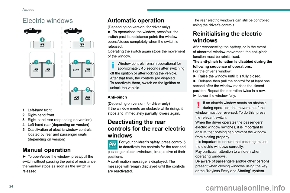 Peugeot Landtrek 2021  Owners Manual 24
Access
Electric windows
1.Left-hand front
2. Right-hand front
3. Right-hand rear (depending on version)
4. Left-hand rear (depending on version)
5. Deactivation of electric window controls 
located