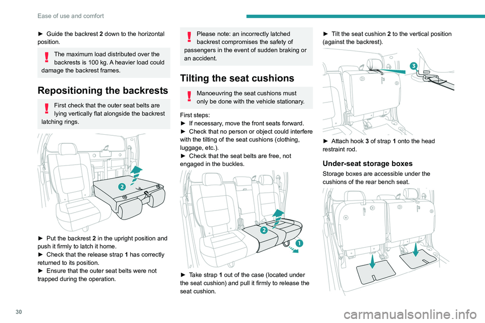 Peugeot Landtrek 2021 Owners Guide 30
Ease of use and comfort
► With the cushion raised, lift the carpet to
access the storage compartments and the tool
kit (depending on version).
For more information on the Tool kit,
refer to t Peugeot Landtrek 2021 Owners Guide 30
Ease of use and comfort
► With the cushion raised, lift the carpet to
access the storage compartments and the tool
kit (depending on version).
For more information on the Tool kit,
refer to t