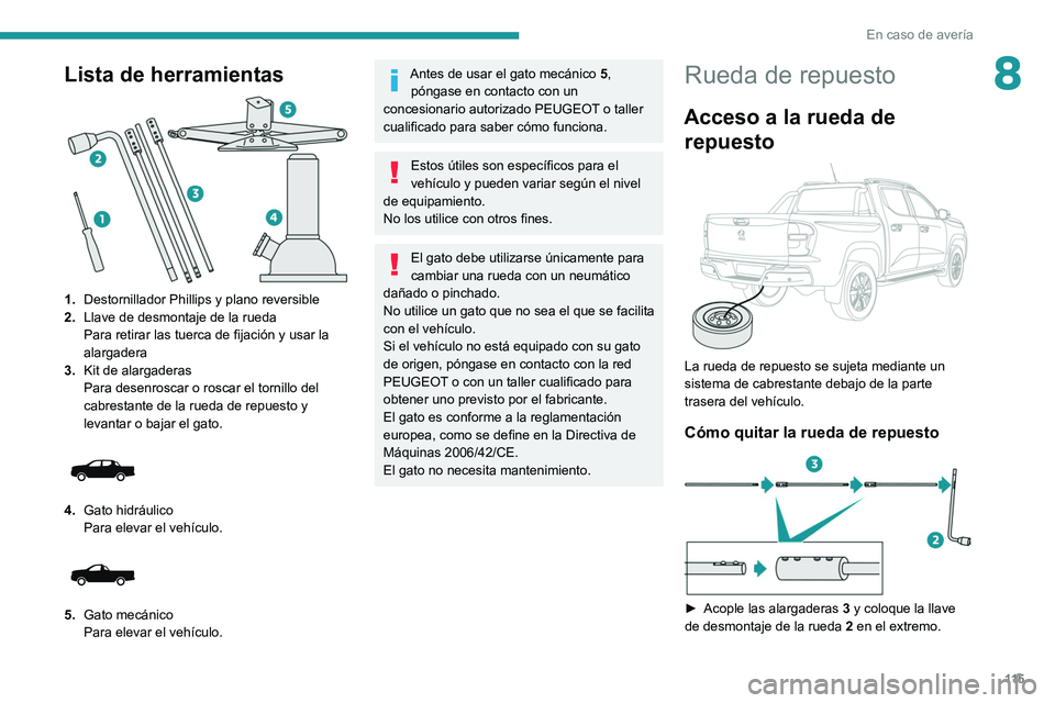 Peugeot Landtrek 2021 Manual del propietario (in Spanish) 11 5
En caso de avería
8Lista de herramientas
1.Destornillador Phillips y plano reversible
2. Llave de desmontaje de la rueda
Para retirar las tuerca de fijación y usar la
alargadera
3. Kit de a Peugeot Landtrek 2021 Manual del propietario (in Spanish) 11 5
En caso de avería
8Lista de herramientas
1.Destornillador Phillips y plano reversible
2. Llave de desmontaje de la rueda
Para retirar las tuerca de fijación y usar la
alargadera
3. Kit de a