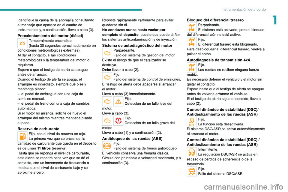 Peugeot Landtrek 2021 Manual del propietario (in Spanish) 11
Instrumentación de a bordo
1Identifique la causa de la anomalía consultando
el mensaje que aparece en el cuadro de
instrumentos y, a continuación, lleve a cabo (3).
Precalentamiento del motor Peugeot Landtrek 2021 Manual del propietario (in Spanish) 11
Instrumentación de a bordo
1Identifique la causa de la anomalía consultando
el mensaje que aparece en el cuadro de
instrumentos y, a continuación, lleve a cabo (3).
Precalentamiento del motor