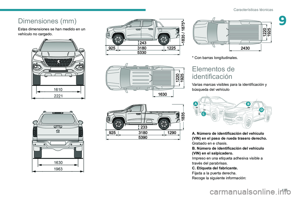 Peugeot Landtrek 2021 Manual del propietario (in Spanish) 135
Características técnicas
9Dimensiones (mm)
Estas dimensiones se han medido en un
vehículo no cargado.
* Con barras longitudinales.
Elementos de
identificación
Varias Peugeot Landtrek 2021 Manual del propietario (in Spanish) 135
Características técnicas
9Dimensiones (mm)
Estas dimensiones se han medido en un
vehículo no cargado.
* Con barras longitudinales.
Elementos de
identificación
Varias