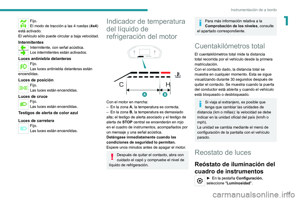 Peugeot Landtrek 2021  Manual del propietario (in Spanish) 13
Instrumentación de a bordo
14LFijo.
El modo de tracción a las 4 ruedas (4x4) 
está activado.
El vehículo sólo puede circular a baja velocidad.
IntermitentesIntermitente, con señal acústica.
