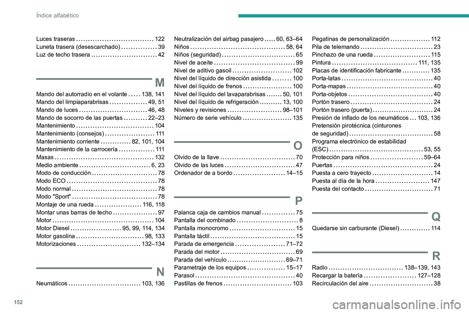 Peugeot Landtrek 2021 Manual del propietario (in Spanish) 152
Índice alfabético
Luces traseras 122
Luneta trasera (desescarchado)
39
Luz de techo trasera
42
M
Mando del autorradio en el volante 138, 141
Mando del limpiaparabrisas
49, Peugeot Landtrek 2021 Manual del propietario (in Spanish) 152
Índice alfabético
Luces traseras 122
Luneta trasera (desescarchado)
39
Luz de techo trasera
42
M
Mando del autorradio en el volante 138, 141
Mando del limpiaparabrisas
49,