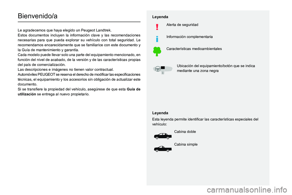 Peugeot Landtrek 2021 Manual del propietario (in Spanish)
Bienvenido/a
Le agradecemos que haya elegido un Peugeot Landtrek.
Estos documentos incluyen la información clave y las recomendaciones
necesarias Peugeot Landtrek 2021 Manual del propietario (in Spanish)
Bienvenido/a
Le agradecemos que haya elegido un Peugeot Landtrek.
Estos documentos incluyen la información clave y las recomendaciones
necesarias