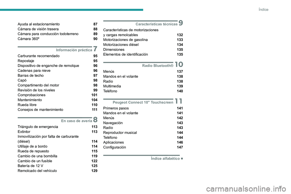 Peugeot Landtrek 2021  Manual del propietario (in Spanish) 3
Índice
Ayuda al estacionamiento  87
Cámara de visión trasera  88
Cámara para conducción todoterreno  89
Cámara 360º  90
 7Información práctica
Carburante recomendado  95
Repostaje  95
Dispo