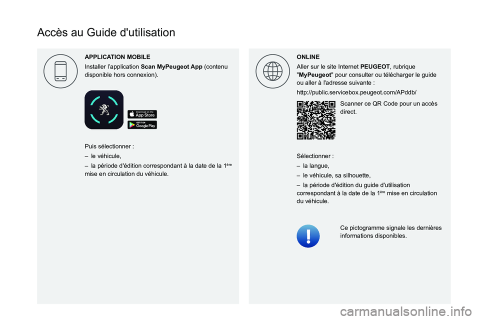 Peugeot Landtrek 2021  Manuel du propriétaire (in French)  
  
 
 
 
 
 
 
   
Accès au Guide d'utilisation
APPLICA
Installer l’application Scan  (contenu 
disponible hors connexion). ONLINE
Aller sur le site Internet PEUGEOT, rubrique 
"MyPeugeot