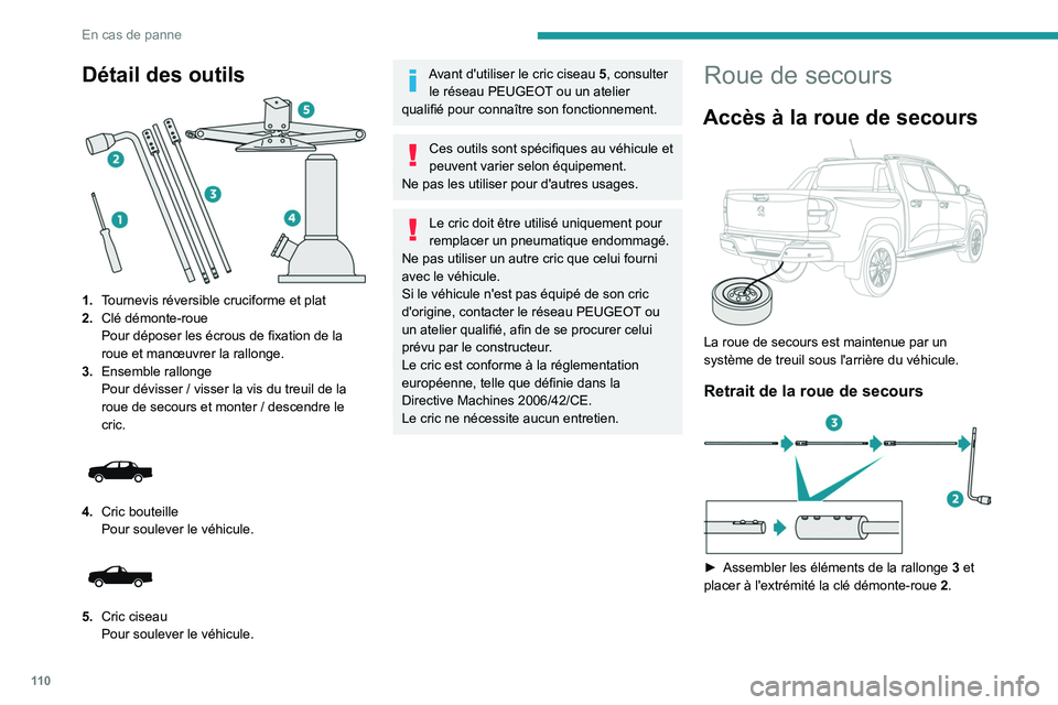 Peugeot Landtrek 2021 Manuel du propriétaire (in French) 11 0
En cas de panne
Détail des outils
1.Tournevis réversible cruciforme et plat
2. Clé démonte-roue
Pour déposer les écrous de fixation de la
roue et manœuvrer la rallonge.
3. Ensemble ral Peugeot Landtrek 2021 Manuel du propriétaire (in French) 11 0
En cas de panne
Détail des outils
1.Tournevis réversible cruciforme et plat
2. Clé démonte-roue
Pour déposer les écrous de fixation de la
roue et manœuvrer la rallonge.
3. Ensemble ral