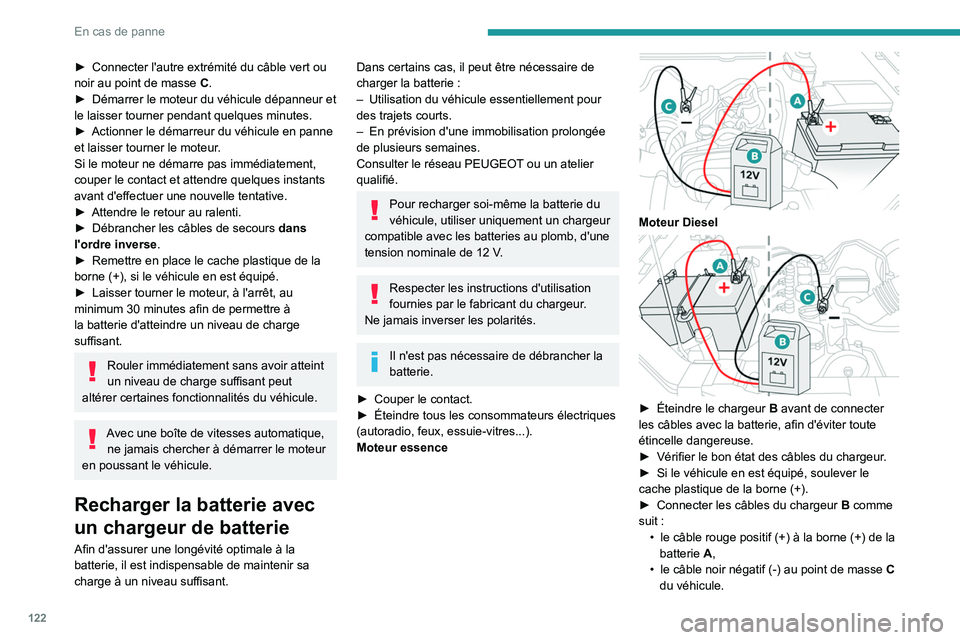 Peugeot Landtrek 2021  Manuel du propriétaire (in French) 122
En cas de panne
► Connecter l'autre extrémité du câble vert ou 
noir au point de masse  C .
►
 
Démarrer le moteur du véhicule dépanneur et 
le laisser tourner pendant quelques minut