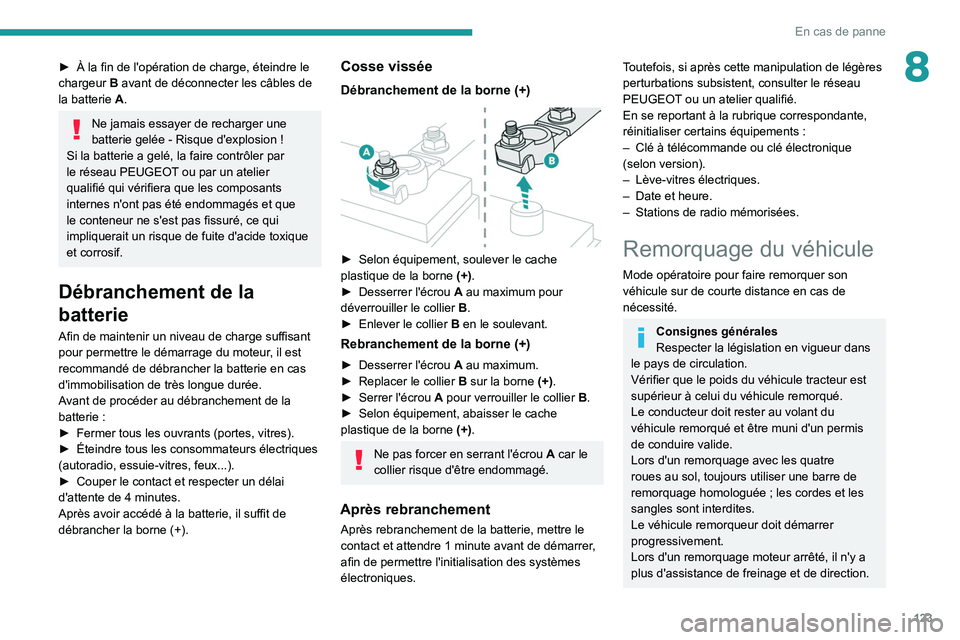 Peugeot Landtrek 2021  Manuel du propriétaire (in French) 123
En cas de panne
8► À la fin de l'opération de charge, éteindre le 
chargeur  B  avant de déconnecter les câbles de 
la batterie
  A.
Ne jamais essayer de recharger une 
batterie gelée 