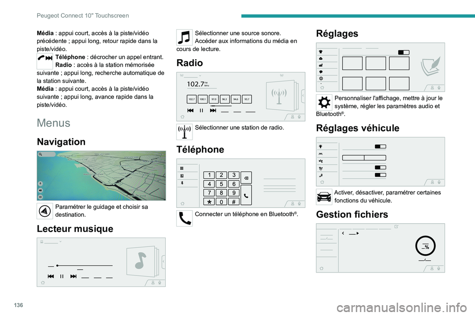 Peugeot Landtrek 2021  Manuel du propriétaire (in French) 136
Peugeot Connect 10" Touchscreen
Média : appui court, accès à la piste/vidéo 
précédente ; appui long, retour rapide dans la 
piste/vidéo.
Téléphone  : décrocher un appel entrant.
Rad