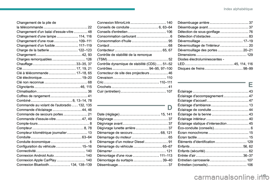 Peugeot Landtrek 2021  Manuel du propriétaire (in French) 143
Index alphabétique
Changement de la pile de  
la télécommande    
22
Changement d'un balai d'essuie-vitre
    
48
Changement d'une lampe
    
114, 116
Changement d'une roue
    