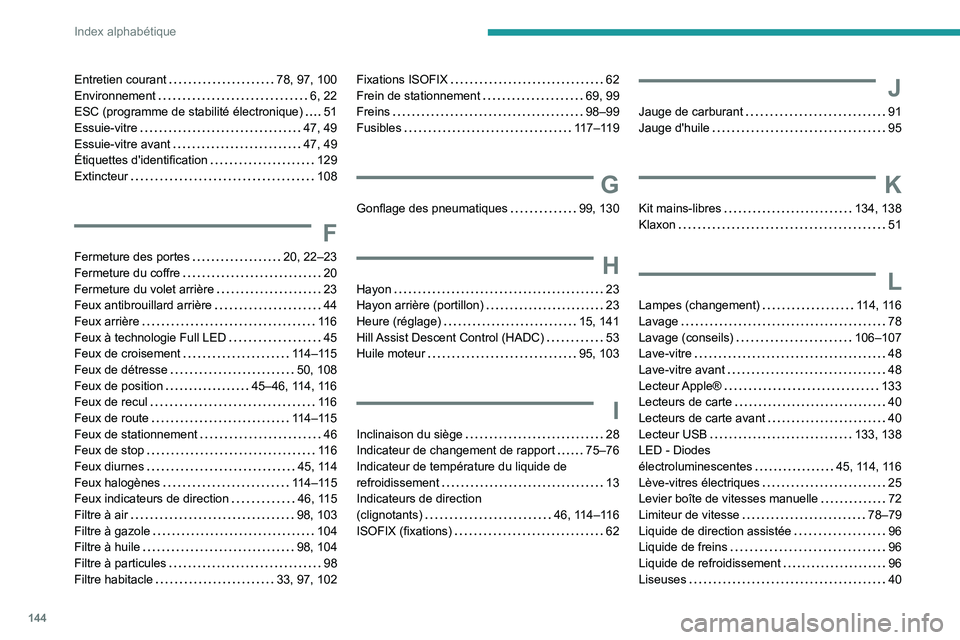 Peugeot Landtrek 2021  Manuel du propriétaire (in French) 144
Index alphabétique
Entretien courant     78, 97, 100
Environnement     
6, 22
ESC (programme de stabilité électronique)
    
51
Essuie-vitre
    
47, 49
Essuie-vitre avant
    
47, 49
Étiquett