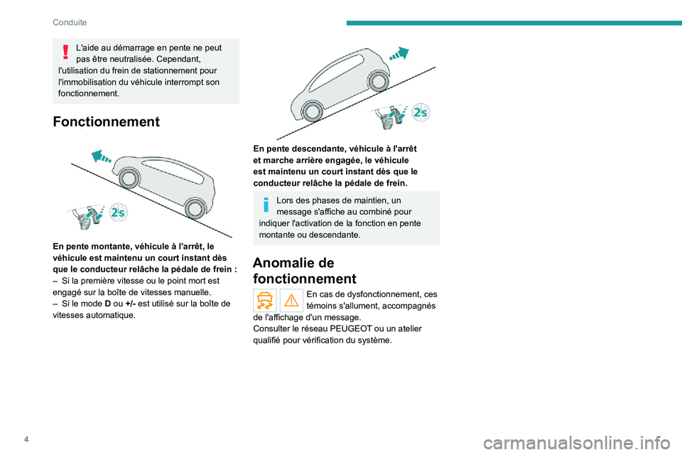 Peugeot Landtrek 2021  Manuel du propriétaire (in French) 4
Conduite
L'aide au démarrage en pente ne peut 
pas être neutralisée. Cependant, 
l'utilisation du frein de stationnement pour 
l'immobilisation du véhicule interrompt son 
fonctionne