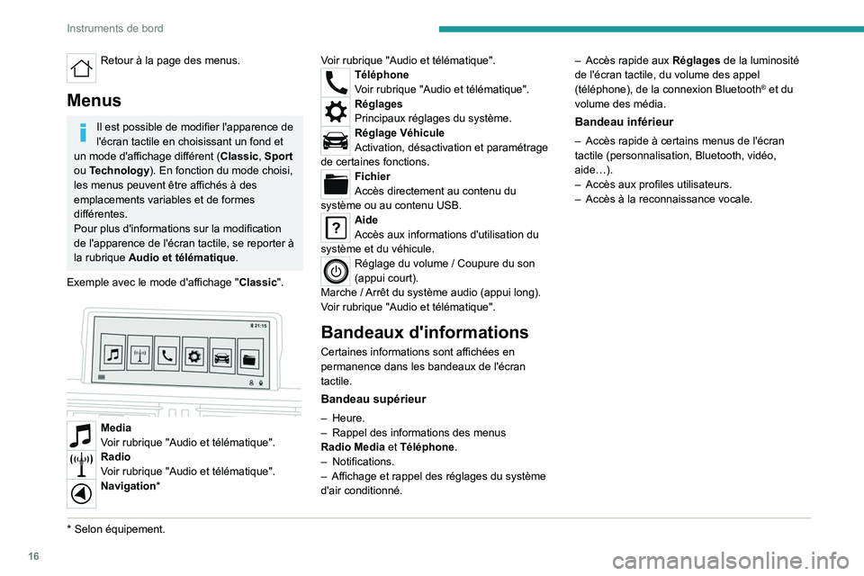 Peugeot Landtrek 2021  Manuel du propriétaire (in French) 16
Instruments de bord
Retour à la page des menus. 
Menus
Il est possible de modifier l'apparence de 
l'écran tactile en choisissant un fond et 
un mode d'affichage différent ( Classic,