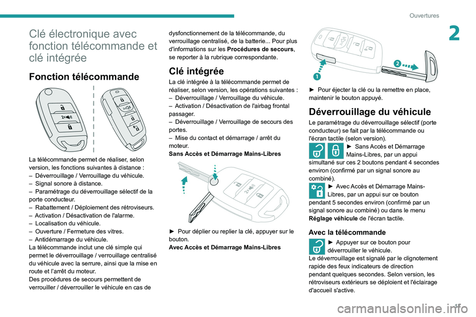 Peugeot Landtrek 2021  Manuel du propriétaire (in French) 17
Ouvertures
2Clé électronique avec 
fonction télécommande et 
clé intégrée
Fonction télécommande 
 
La télécommande permet de réaliser, selon 
version, les fonctions suivantes à distanc