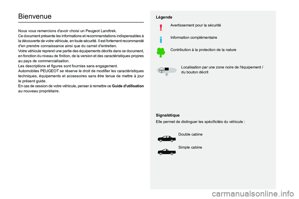 Peugeot Landtrek 2021  Manuel du propriétaire (in French)   
 
 
 
 
 
  
  
 
   
 
   
 
  
 
 
 
   
 
 
  
Bienvenue
Nous vous remercions d'avoir choisi un Peugeot Landtrek.
Ce document présente les informations et recommandations indispensables à 