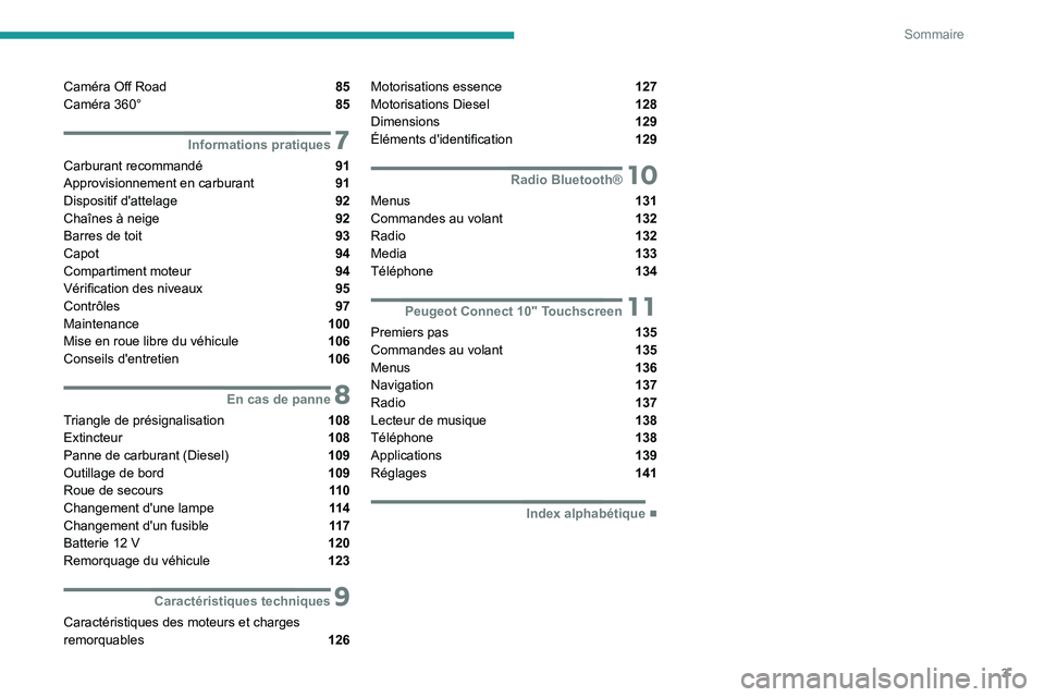 Peugeot Landtrek 2021  Manuel du propriétaire (in French) 3
Sommaire
Caméra Off Road  85
Caméra 360°  85
 7Informations pratiques
Carburant recommandé  91
Approvisionnement en carburant  91
Dispositif d'attelage  92
Chaînes à neige  92
Barres de to