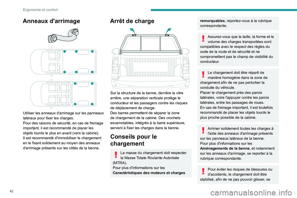 Peugeot Landtrek 2021  Manuel du propriétaire (in French) 42
Ergonomie et confort
Anneaux d'arrimage 
 
Utiliser les anneaux d'arrimage sur les panneaux 
latéraux pour fixer les charges.
Pour des raisons de sécurité, en cas de freinage 
important,