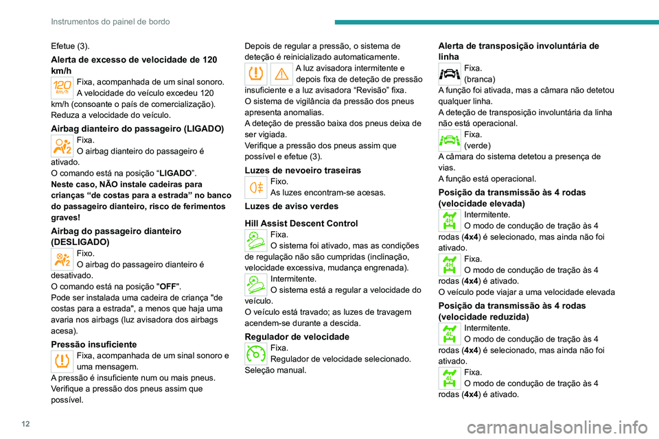 Peugeot Landtrek 2021  Manual do proprietário (in Portuguese) 12
Instrumentos do painel de bordo
Efetue (3).
Alerta de excesso de velocidade de 120 
km/h
Fixa, acompanhada de um sinal sonoro.
A velocidade do veículo excedeu 120 
km/h (consoante o país de comer