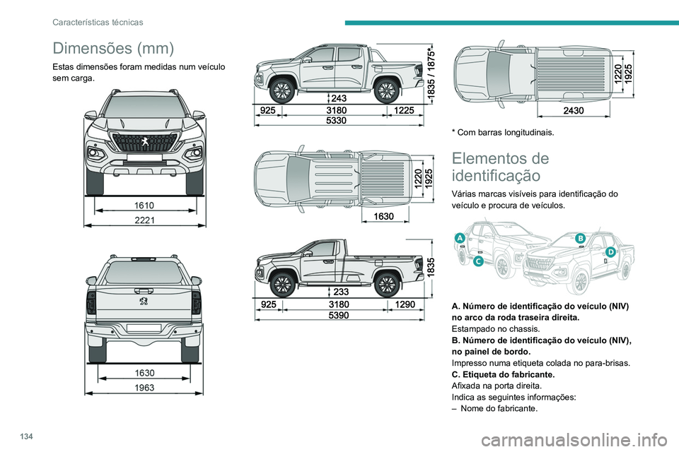 Peugeot Landtrek 2021  Manual do proprietário (in Portuguese) 134
Características técnicas
– País e data de fabrico.
–  Modelo do veículo e tipo de motor.
–  O número da homologação europeia de 
veículo completo.
–  Número de identificação do 