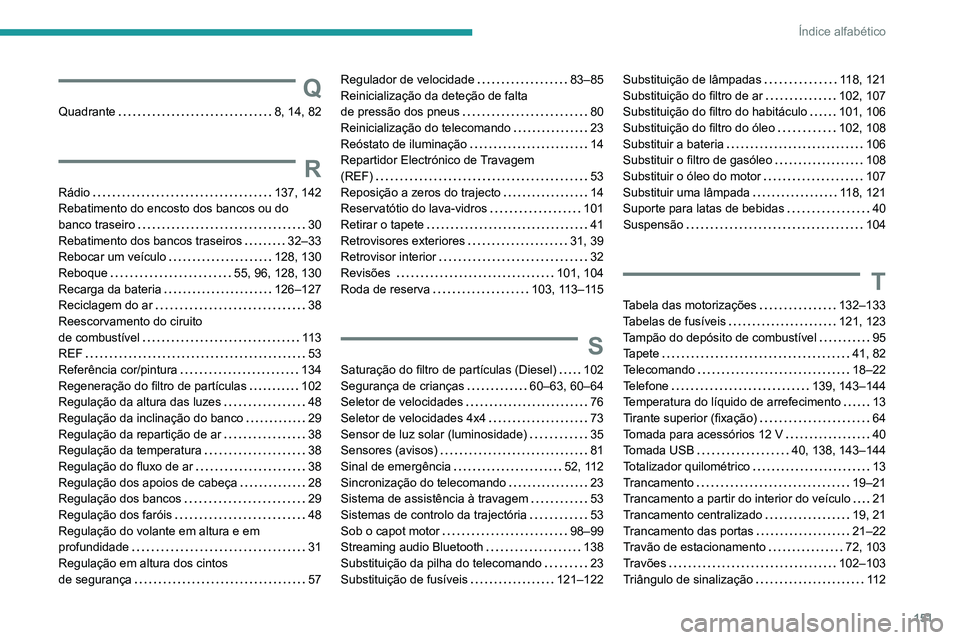 Peugeot Landtrek 2021 Manual do proprietário (in Portuguese) 151
Índice alfabético
Q
Quadrante 8, 14, 82
R
Rádio 137, 142
Rebatimento do encosto dos bancos ou do
banco traseiro
30
Rebatimento dos bancos traseiros
32–33
Rebocar um veículo Peugeot Landtrek 2021 Manual do proprietário (in Portuguese) 151
Índice alfabético
Q
Quadrante 8, 14, 82
R
Rádio 137, 142
Rebatimento do encosto dos bancos ou do
banco traseiro
30
Rebatimento dos bancos traseiros
32–33
Rebocar um veículo